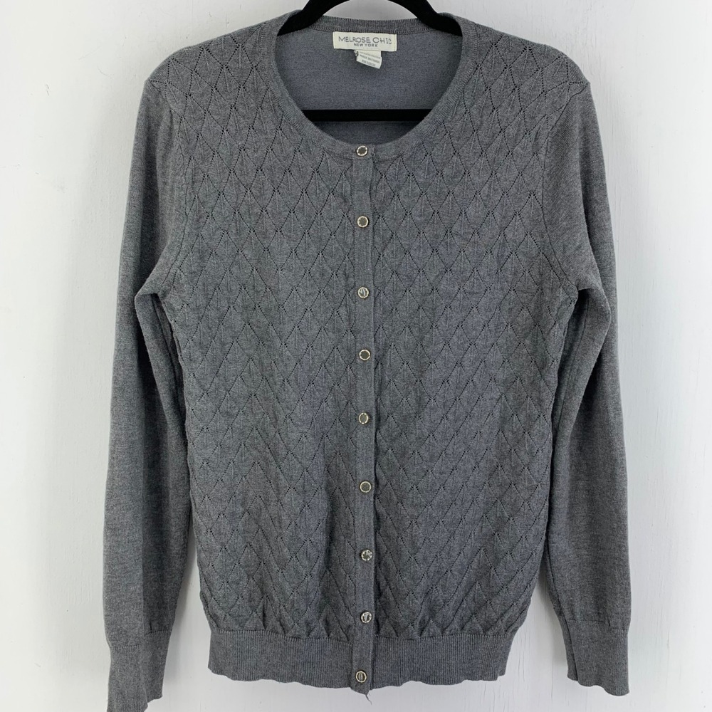 Dark Academia Preppy Diamond Pointelle Knit Minimalist Cardigan Large Office